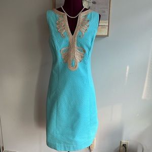 Lilly Pulitzer sea glass cotton Janice shift w/gold soutache trim